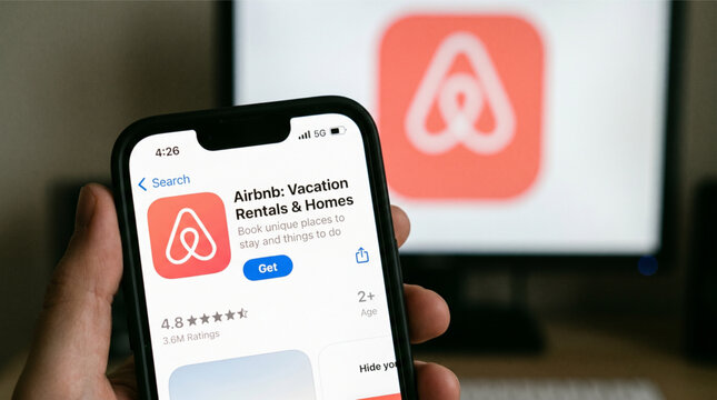 Hand holding iPhone displaying Airbnb app on Apple App Store for vacation rentals and homes with blurred logo on computer screen booking travel digita