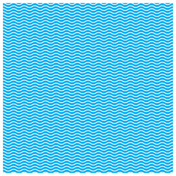 A clean repeating pattern of thin white wavy lines flowing horizontally across a bright blue background, creating a simple, seamless, and water-inspired design. Line zik zuk pattern for fabric