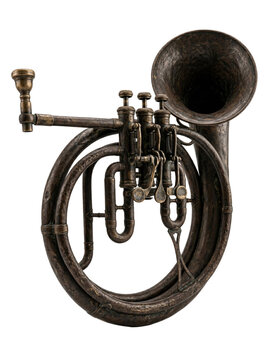Antique vintage brass cornet musical instrument isolated on white background.