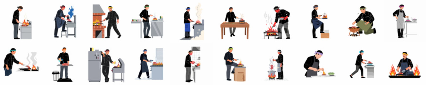 Collection of professional male chefs cooking and grilling steaks with fire and flames in various kitchen settings.