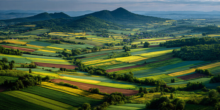 Peaceful Countryside Colorful Patchwork Farmland Valley and Mountains