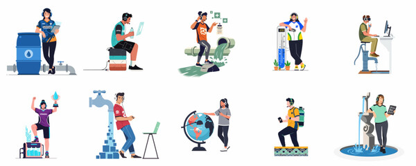 Fototapeta premium Vector illustrations of gamers and streamers participating in charity events focused on water conservation, global water access, and environmental sustainability fundraising.