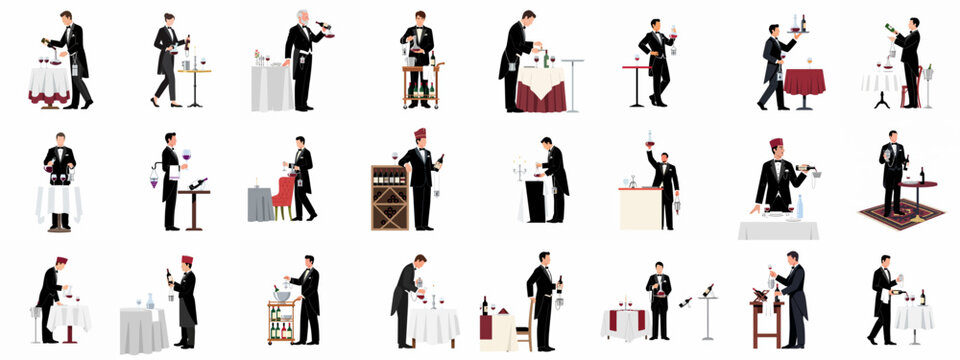 Set of Flat Vector Illustrations Featuring Professional Sommeliers and Wine Waiters Serving Wine in Fine Dining Restaurants and Upscale Settings.