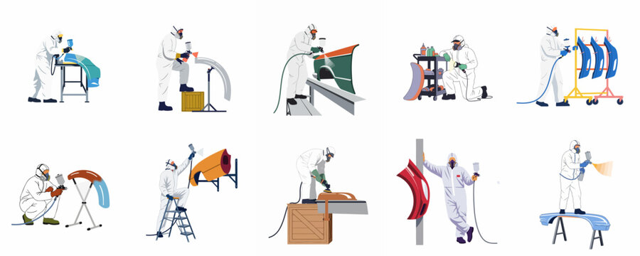 Set of auto body shop workers in white protective suits painting and sanding car parts with spray guns and tools, vector illustration.
