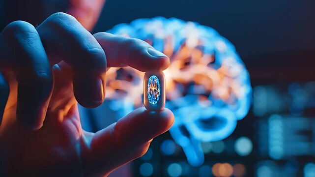 Hand holding futuristic pill with neural network inside. Glowing brain hologram and tech interface in dark lab. Smart drug concept for biotech, AI healthcare, and brain enhancement marketing.