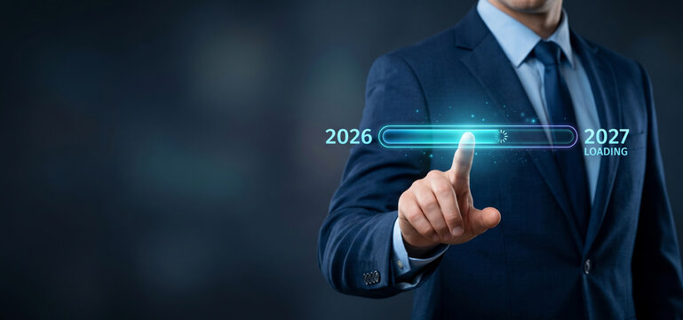 Loading bar with years 2026 and 2027 illuminated blue corporate setting