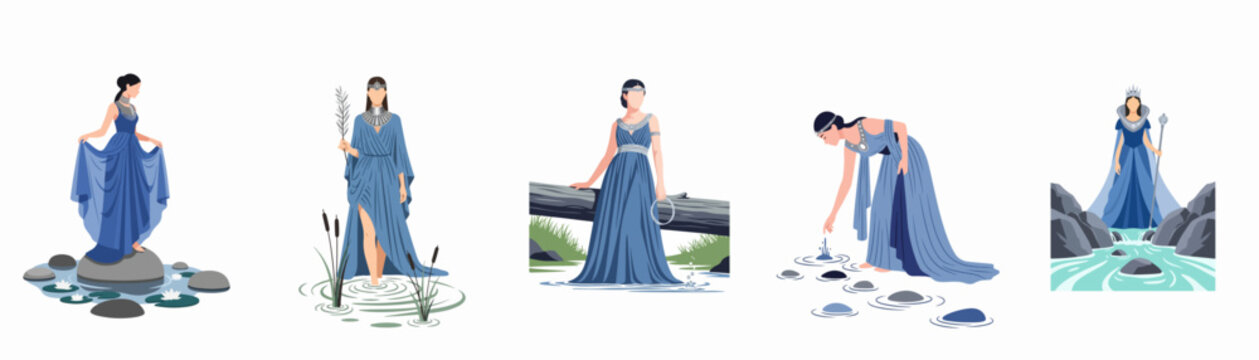 Set of flat illustrations featuring a mystical woman in elegant blue gowns posing in serene nature scenes by water, rocks, and lilies.