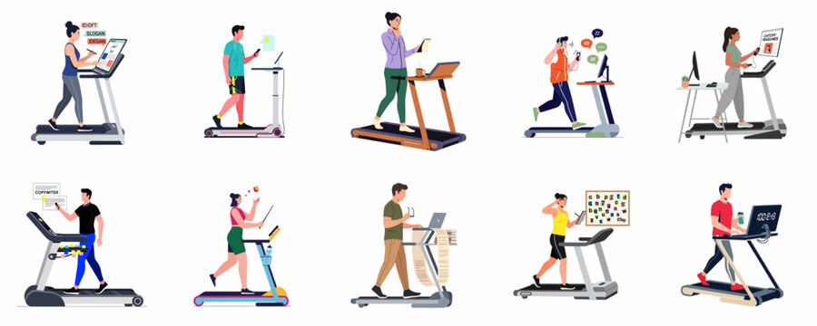Collection of people multitasking on treadmill desks, combining fitness with work, brainstorming, and creative tasks in a modern flat illustration style.
