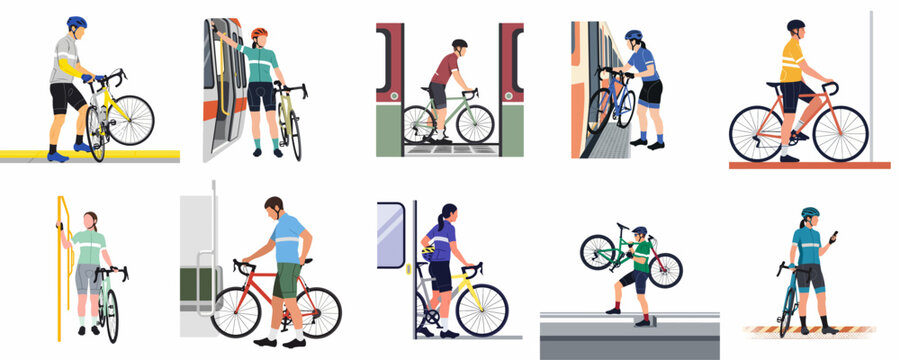 Vector illustrations of cyclists commuting with bikes on public transport, including trains and subways, showcasing sustainable urban mobility and an active lifestyle.