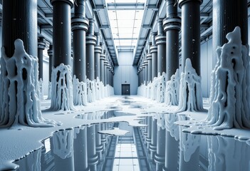 Obraz premium Futuristic hallway with abstract ice sculptures and reflections.