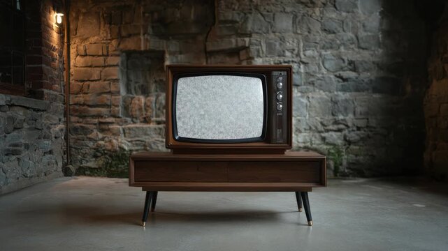 Vintage Television Set on Retro Stand in Stone Room