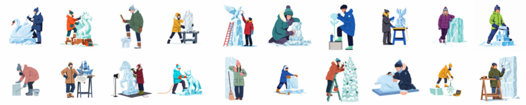 Collection of diverse ice sculptors in winter clothing crafting intricate ice sculptures of animals and objects using various professional tools on white background.