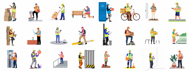 Fototapeta premium Flat vector collection of delivery personnel in high-visibility vests scanning and delivering packages in various urban and residential settings.