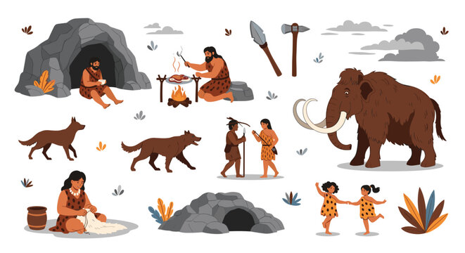 Detailed collection of prehistoric stone age life featuring a large mammoth, hunter gatherers, wolves, cave dwellings, and ancient tools.