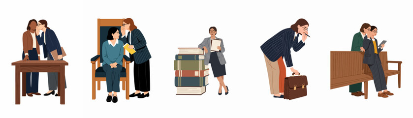 Fototapeta premium Set of professional women whispering secrets and sharing information in various office and legal settings, flat vector illustration.
