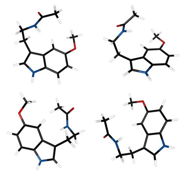 3D Models of Melatonin Chemical Structures Representing the Sleep Hormone N-acetyl-5-methoxytryptamine in Four Orientations for Scientific Research Pharmaceutical Study and Biochemistry Education Atom