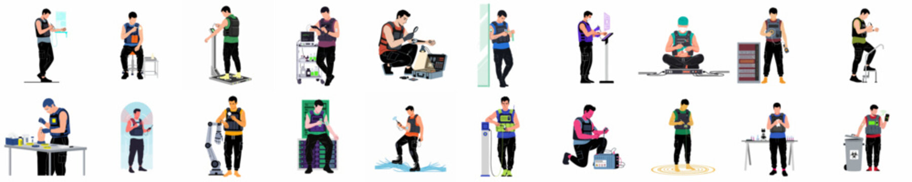 Collection of 18 flat vector illustrations depicting futuristic technicians and biohackers performing diverse technological, medical, and scientific tasks in a high-tech environment.