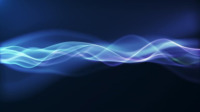Blue and white digital wave ribbon with soft glowing particles on a dark background, clean abstract technology visual for data flow, corporate screens, and modern motion design.
