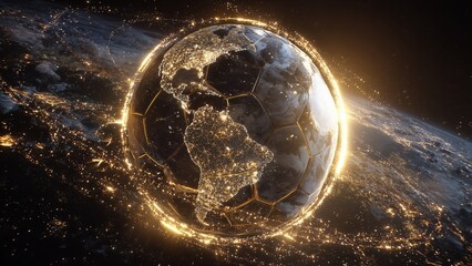 The iconic golden football of the World Cup orbits the globe, while millions of lights connect the continents, symbolizing peace, innovation, and the future of sport. A breathtaking masterpiece.