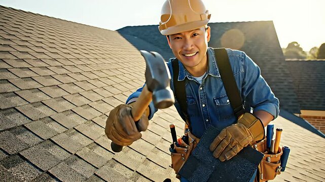 Asian roofer in hard hat smiling while working on residential roof. Professional contractor installing asphalt shingles with hammer and tool belt. Home improvement and roof repair service concept.