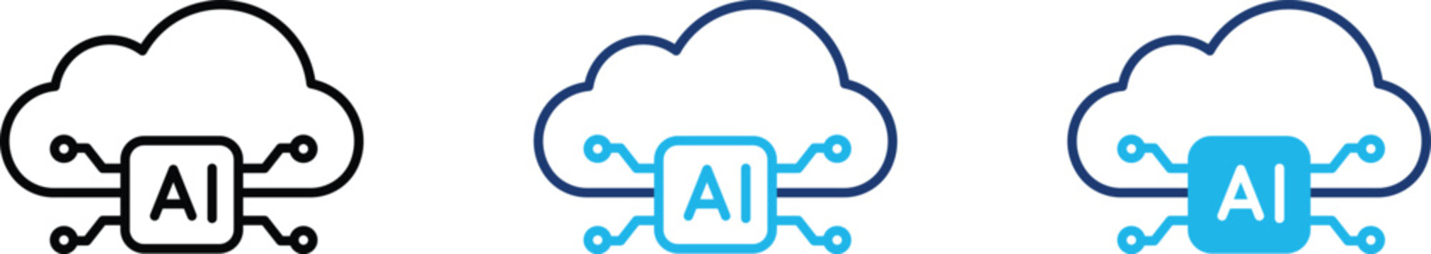 Cloud computing icon set showing professional AI artificial intelligence processor microchip with circuit nodes for data machine learning server storage network tech and virtual database