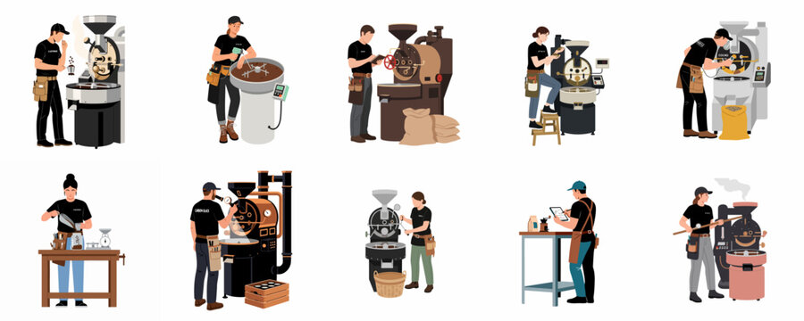 Set of professional coffee roasters working with industrial roasting machines and checking bean quality in a flat illustration style.