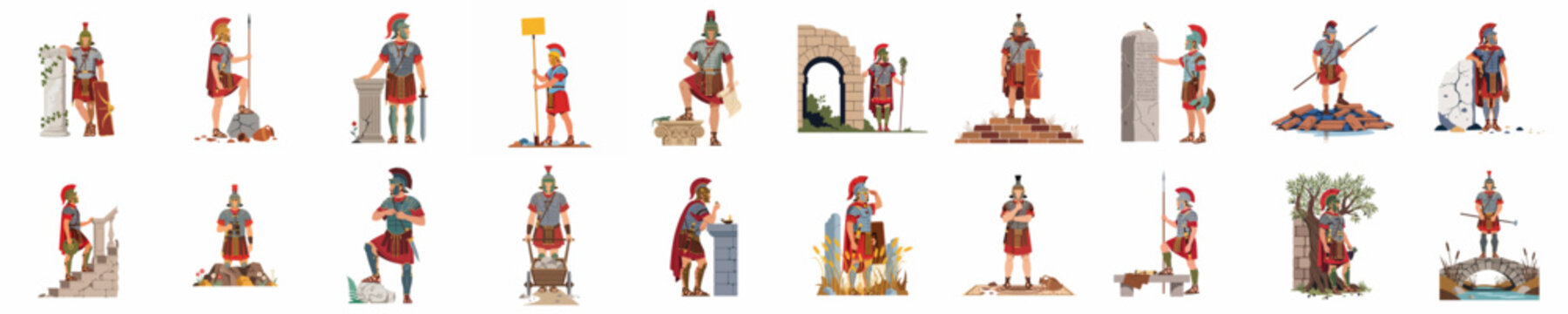 Comprehensive set of eighteen illustrations featuring ancient Roman legionary soldiers in various historical scenes and poses, including armor, weapons, and classical ruins.
