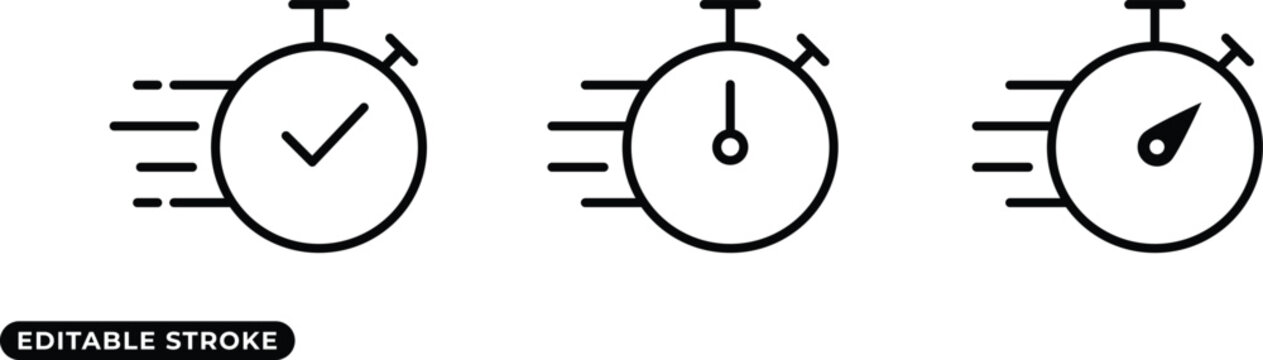 Speed icon set showing professional fast stopwatch timer with motion lines check mark and gauge dial for express delivery logistics performance deadline tracking and quick service