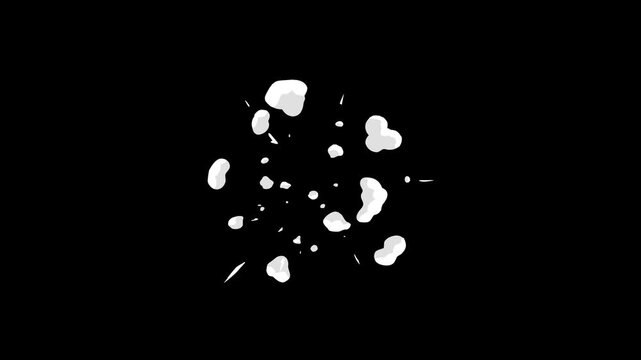 Flash FX burst animation, 2D smoke splash, cartoon hand drawn explosion sparks, cartoon explosion glowing effects, comic smoke blast on black screen background. 4k video