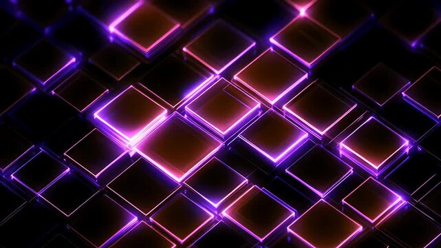 Abstract background featuring glowing purple and pink neon square tiles in a dark grid pattern.