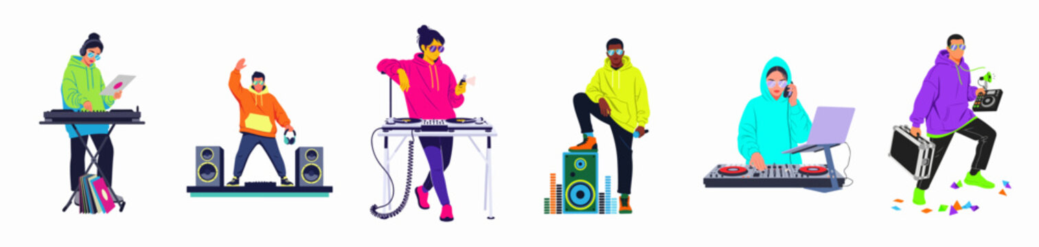 Set of diverse DJs wearing colorful hoodies, performing with turntables, mixers, and audio equipment in a flat vector illustration style.