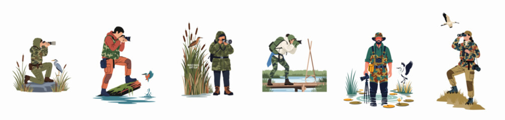 Collection of wildlife photographers in camouflage gear capturing birds and nature in diverse wetland environments, flat vector illustration set. © Nurdayatt
