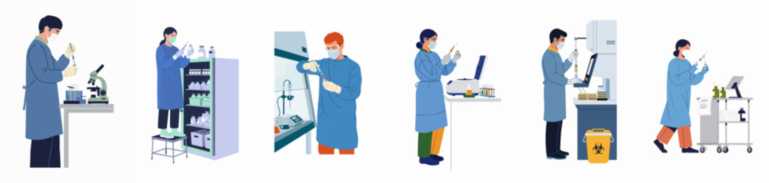Vector illustration set of laboratory scientists and medical researchers working with equipment, vaccines, and samples in a clinical lab environment.