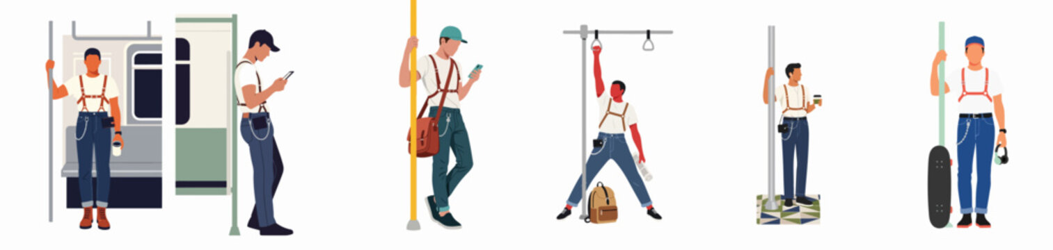 Diverse collection of men commuting on public transportation, including the subway and metro, featuring various daily activities in a modern flat illustration style.