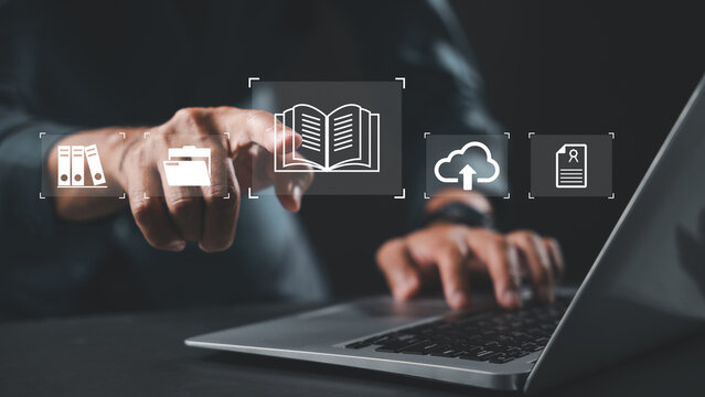 Library elibrary laptop ebook online internet digital knowledge allows electronic education concept where finger touches icon for virtual archive or cloud data storage systems