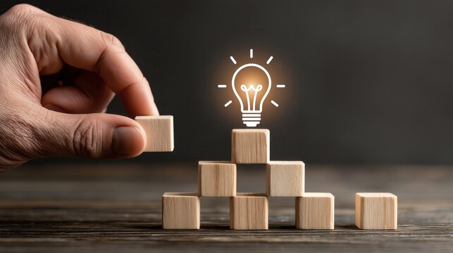 Human hand places the final wooden block at the top of a pyramid, illuminating a brilliant light bulb, representing a.