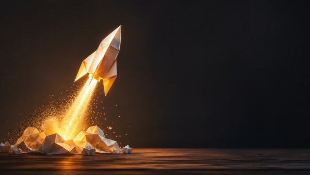 Origami Paper Rocket Launching for Business Startup Growth Concept