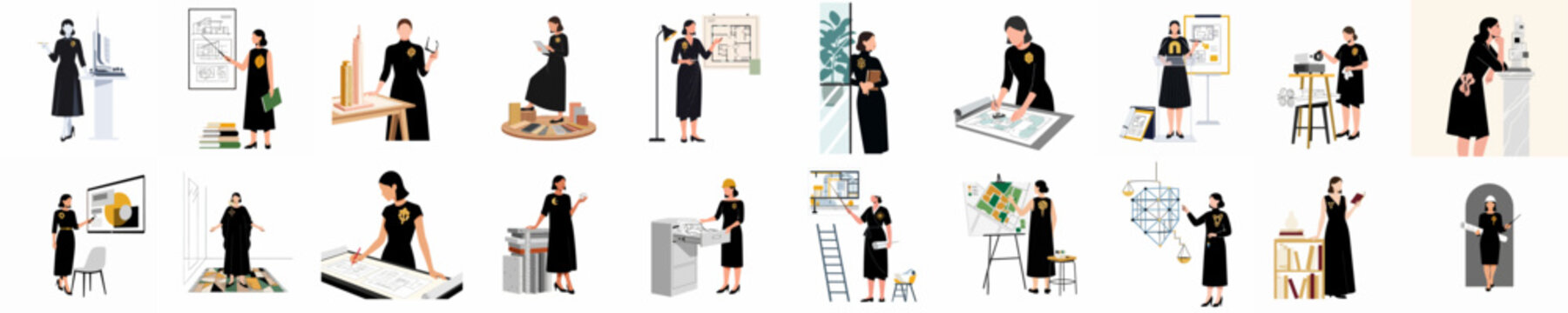 A collection of minimalist flat illustrations showing female architects and designers working on blueprints, models, and presentations in a professional setting.