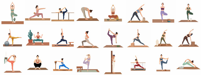 Fototapeta premium Collection of diverse yoga poses and stretches illustrated in a flat design style, featuring women in various activewear and asanas for wellness themes.