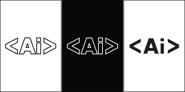 Artificial intelligence code tag icon set in outline and solid styles. Simple vector illustration of AI programming, machine learning algorithm development, smart software engineering, automated codin
