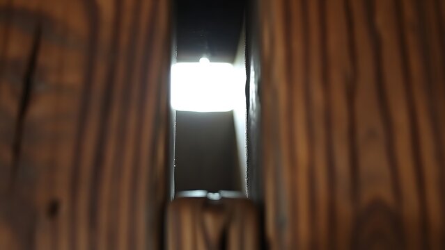 blockhouse. Close-up of a narrow arrow slit in a wooden wall, a single beam of light shining through, detailed wood. real-estate listings.
