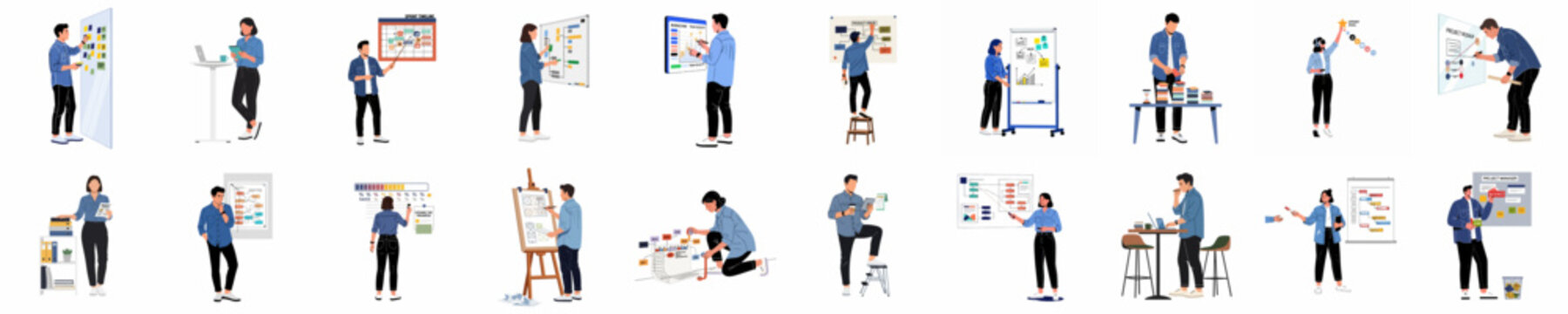 Set of flat vector illustrations depicting business people working on project management, agile planning, data visualization, and various creative office tasks.