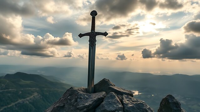 longsword. Medieval longsword plunged into a rocky mountain summit. event programs, museum guides, cultural reports, designed for cultural heritage projects and event programs, used by chefs.