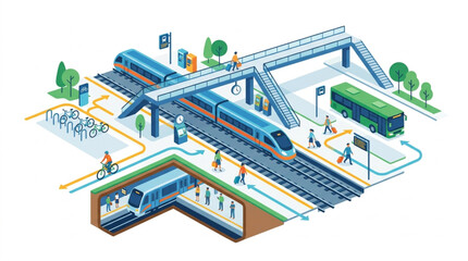 Fototapeta premium Isometric view of a multimodal transportation hub featuring high-speed trains, a subway, a bus, and cyclists, illustrating urban connectivity and modern transit systems