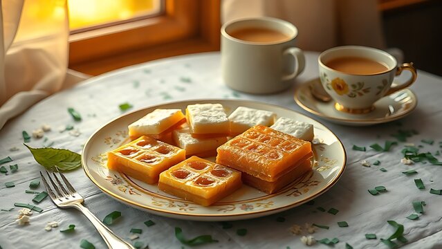 jalebi. Golden jalebi and white barfi on festive plate, edible confetti, chai cup, Pakistani sweets celebration concept for Independence Day. event programs.