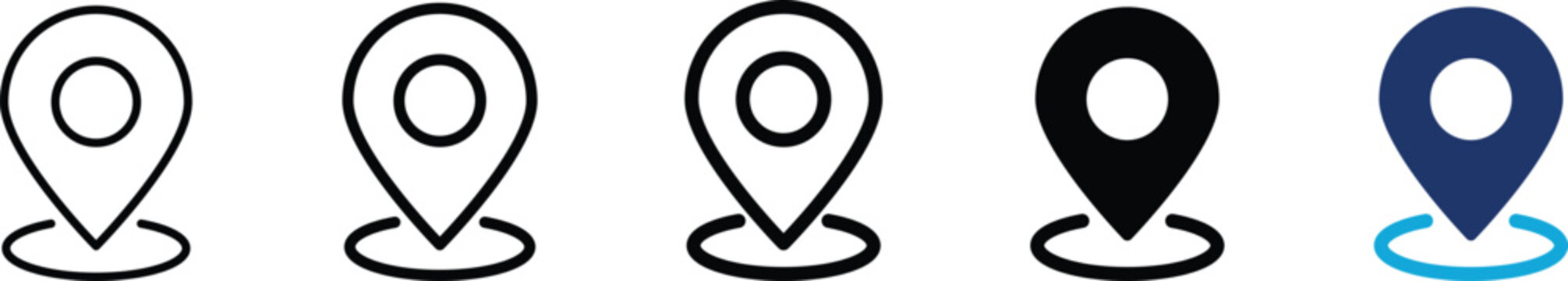 Location icon set showing professional map pin pointer with destination place marker ring for geographic navigation travel logistics global positioning tracking and address point
