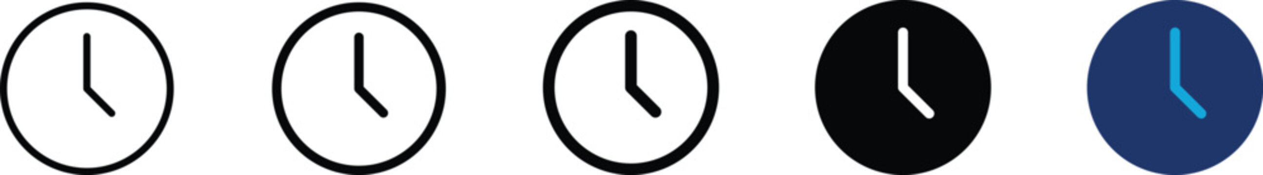 Clock icon set showing professional time watch with hands for office schedule management corporate timeline reminder productivity tracking countdown history and hour deadline