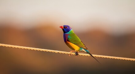 Fototapeta premium Vibrant Gouldian finch perched on a rope with a soft, blurred background.