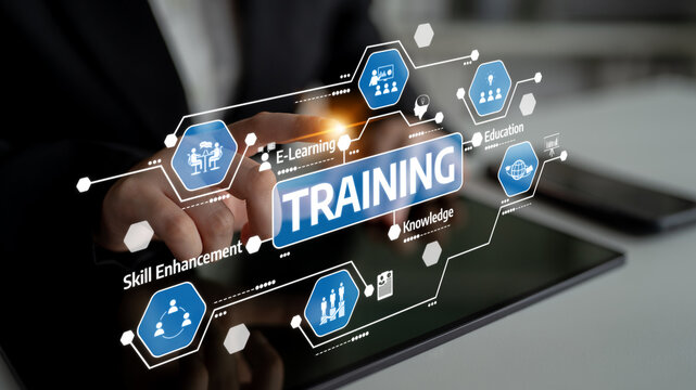 Modern digital training concept featuring e-learning and skill enhancement. Ideal for showcasing advanced educational tools in the business and professional landscape. Tessel