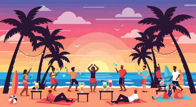 A vibrant beach scene at sunset with people and palm trees